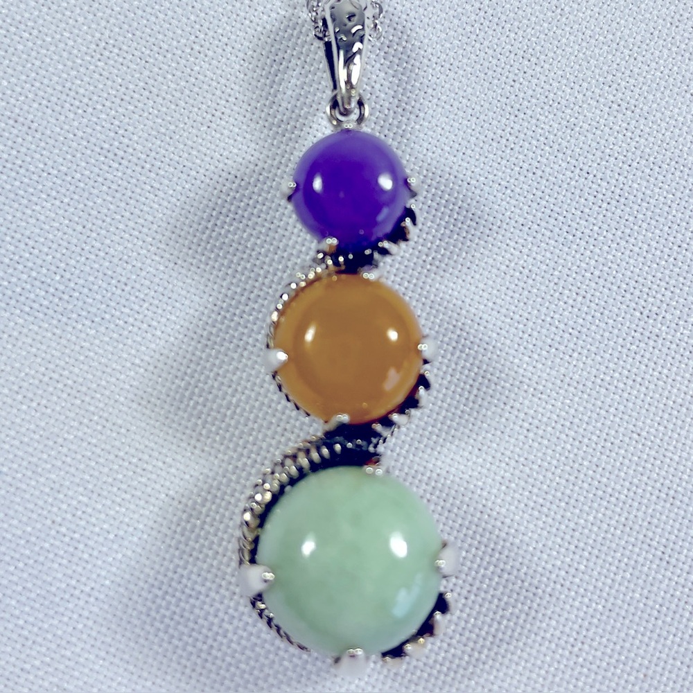 Jade Sterling Silver Tri-color Pendant Chakra 18" Necklace - Picture 3 of 16
